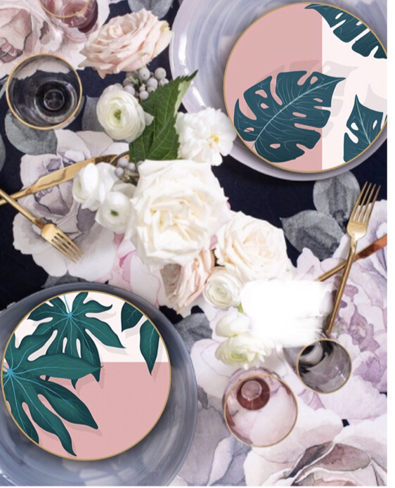 Bone China Dish High Ceramic Western Cuisine Plate Monstera Powder Plate Plate Dish Disc Shallow Plate Large Tray Tableware Set