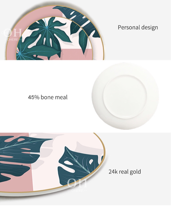 Bone China Dish High Ceramic Western Cuisine Plate Monstera Powder Plate Plate Dish Disc Shallow Plate Large Tray Tableware Set