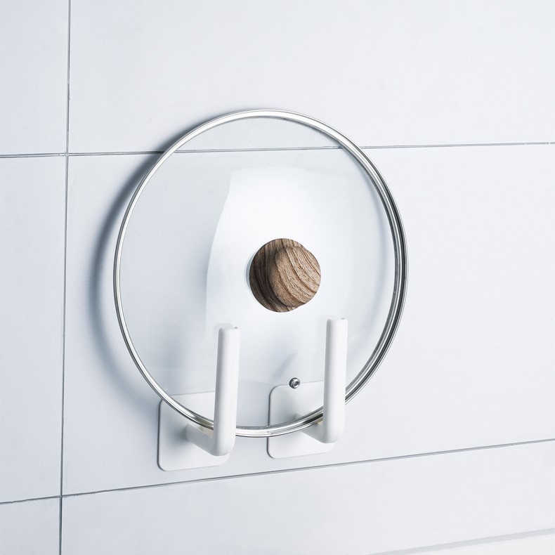 2 PCs No Trace Stickers Storage Rack Kitchen and Bathroom Wall-Mounted Shelf Pot Cover Rack Tissue Holder Plastic Wrap Rack Hook 1308