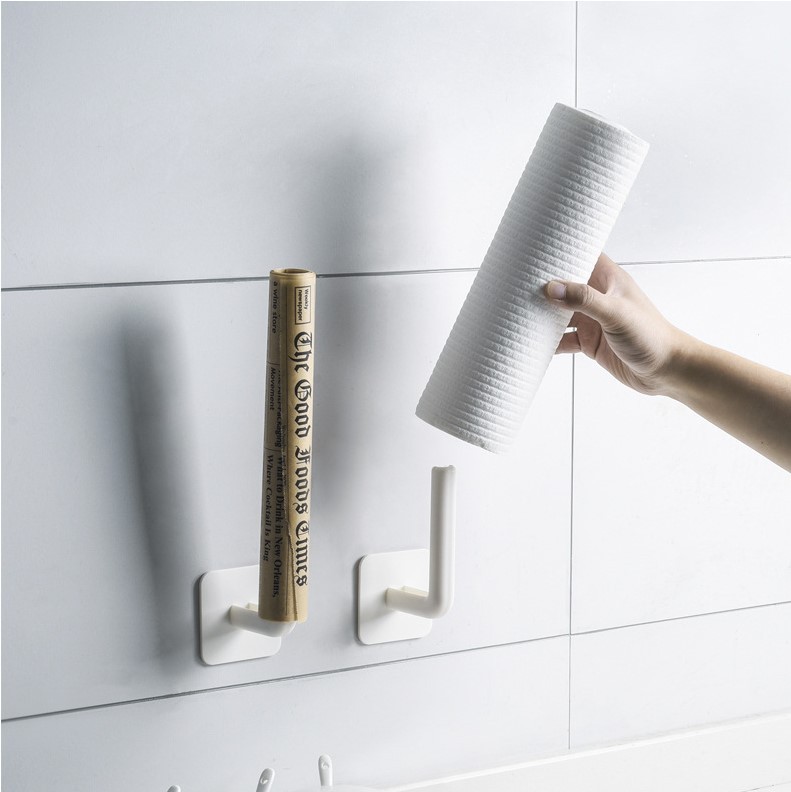 2 PCs No Trace Stickers Storage Rack Kitchen and Bathroom Wall-Mounted Shelf Pot Cover Rack Tissue Holder Plastic Wrap Rack Hook 1308