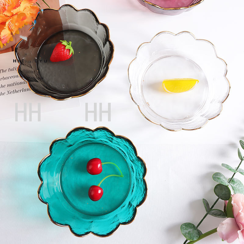 Haijing Jade Creative Crown Golden Edge Glass Bowl Nordic Style Transparent Lace Fruit Salad Bowl Dessert Plate Bowl Set
