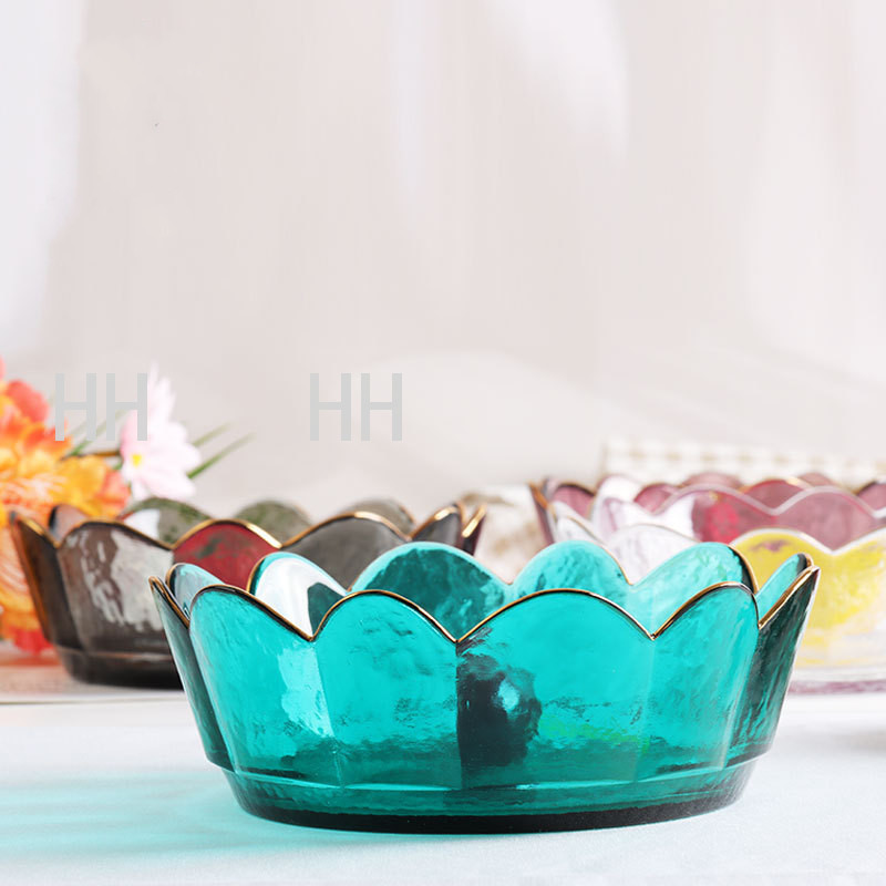 Haijing Jade Creative Crown Golden Edge Glass Bowl Nordic Style Transparent Lace Fruit Salad Bowl Dessert Plate Bowl Set