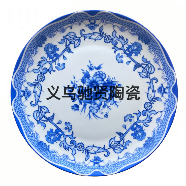 Bone China Flat Plate Tableware Ceramic Large Plate Tray Shallow Plate Disc Blue and White Fruit Cake Plate