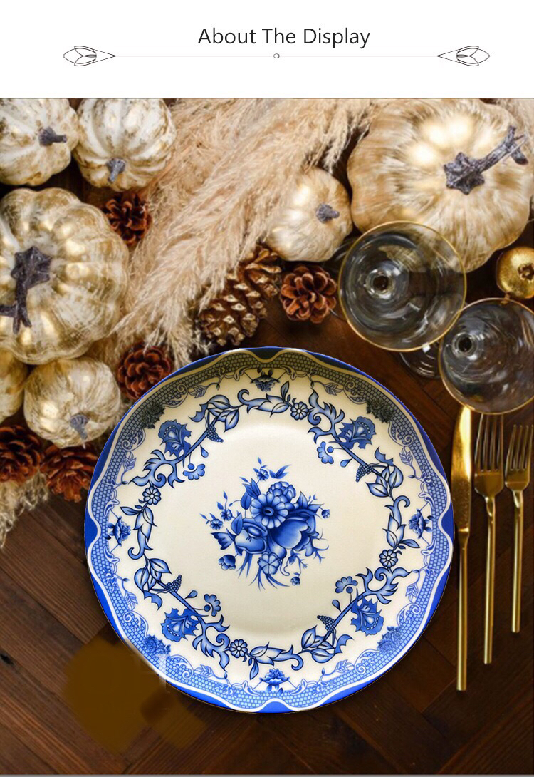 Bone China Flat Plate Tableware Ceramic Large Plate Tray Shallow Plate Disc Blue and White Fruit Cake Plate Bone China Flat Plate Tableware Ceramic Large Plate Tray Shallow Plate Disc Blue and White Fruit Cake Plate