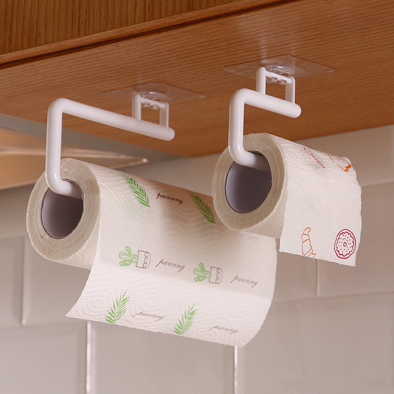 Punch-Free Kitchen Towel Rack Roll Stand Rack Plastic Wrap Storage Rack Toilet Paper Hook Rag Holder