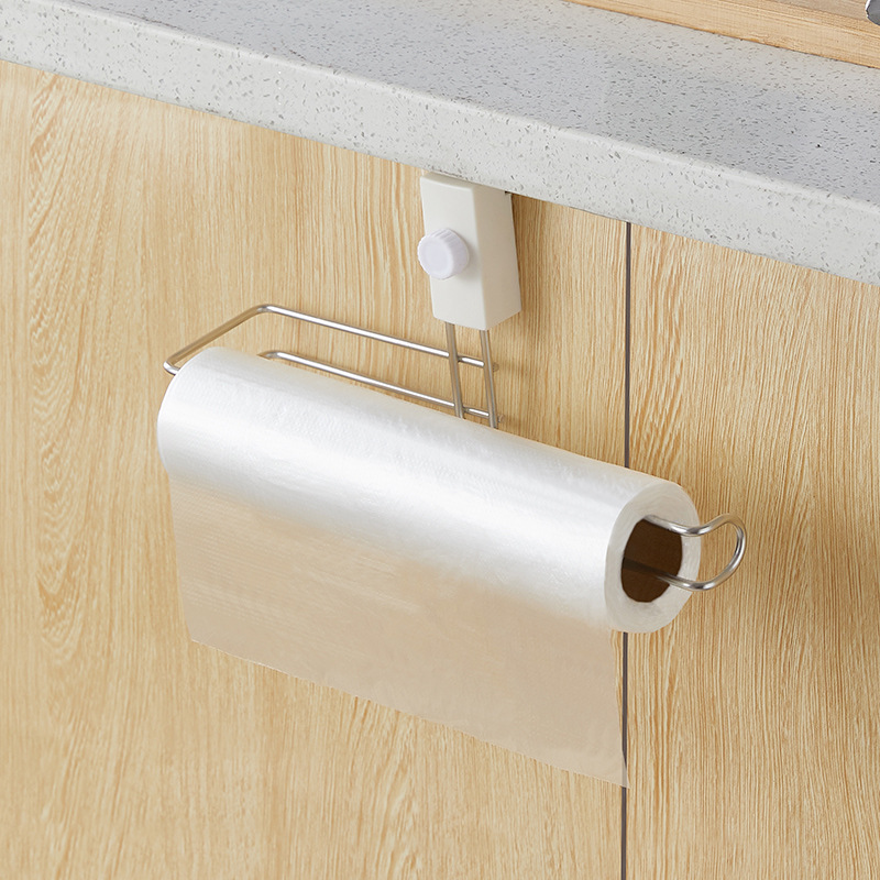Kitchen Stainless Steel Coil Tissue Holder Punch-Free Hook Cabinet Plastic Wrap Storage Lower Holder Adjustable Rack