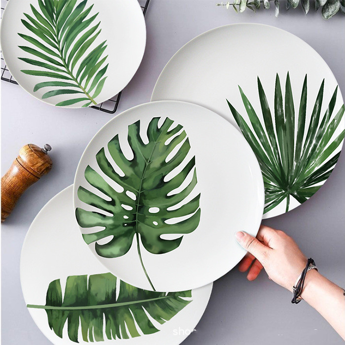 Green Plant Series Dinner Plate Fresh Style Home 4 PCs Set Wedding Hotel Sample Room Tableware Bone China Set
