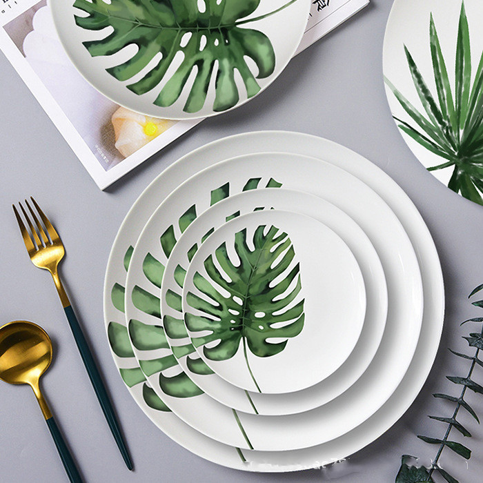Green Plant Series Dinner Plate Fresh Style Home 4 PCs Set Wedding Hotel Sample Room Tableware Bone China Set