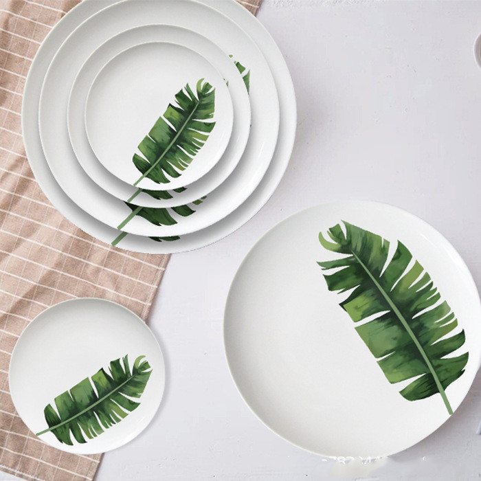 Green Plant Series Dinner Plate Fresh Style Home 4 PCs Set Wedding Hotel Sample Room Tableware Bone China Set