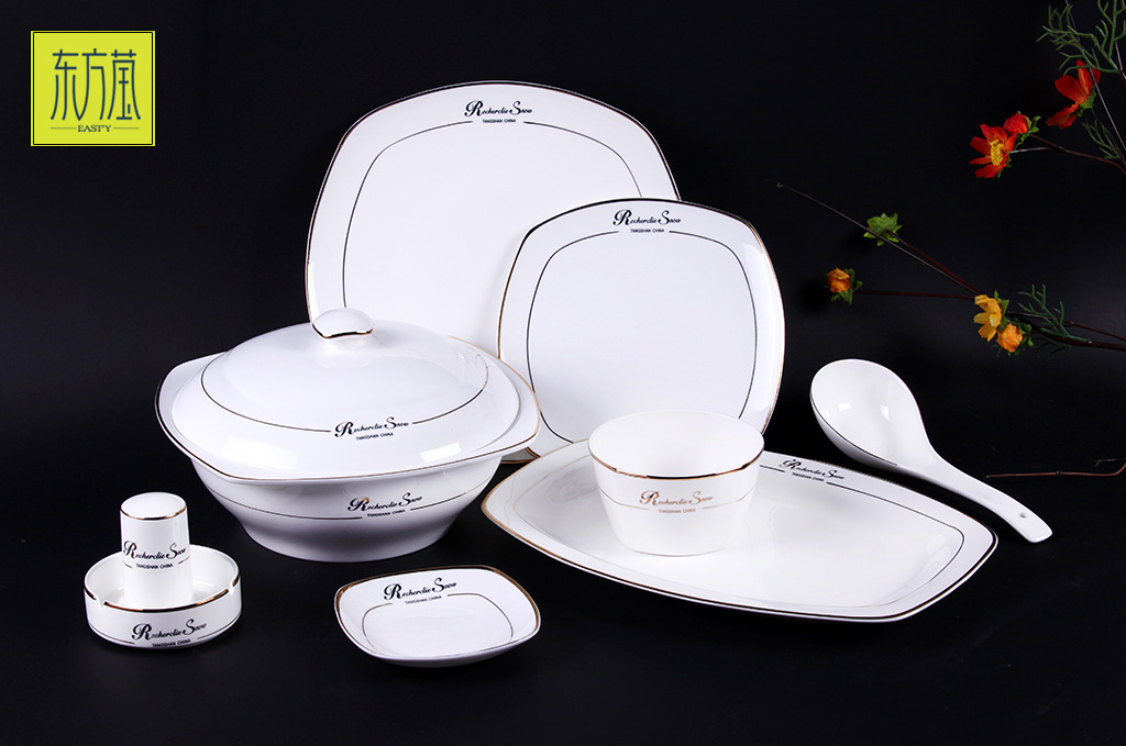 Bone China Inlaid Gold Rimmed Tableware Bone China Gold-Painted Tableware Set Ceramic Square Bowl Plate Tableware Configuration Customized at Will