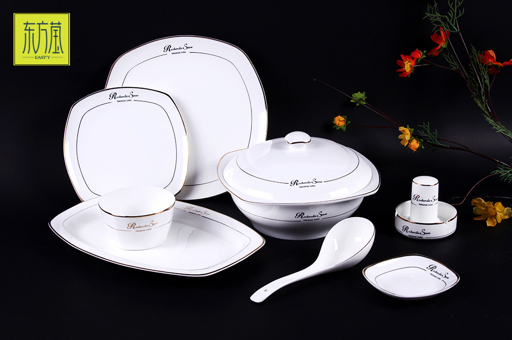 Bone China Inlaid Gold Rimmed Tableware Bone China Gold-Painted Tableware Set Ceramic Square Bowl Plate Tableware Configuration Customized at Will