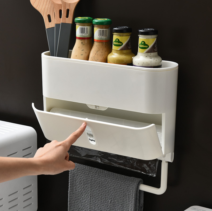 Cheap Wholesale Kitchen Plastic Wrap Roll Stand Hole-Free Kitchen Seasoning Supplies Storage Rack Nailless Tissue Rack