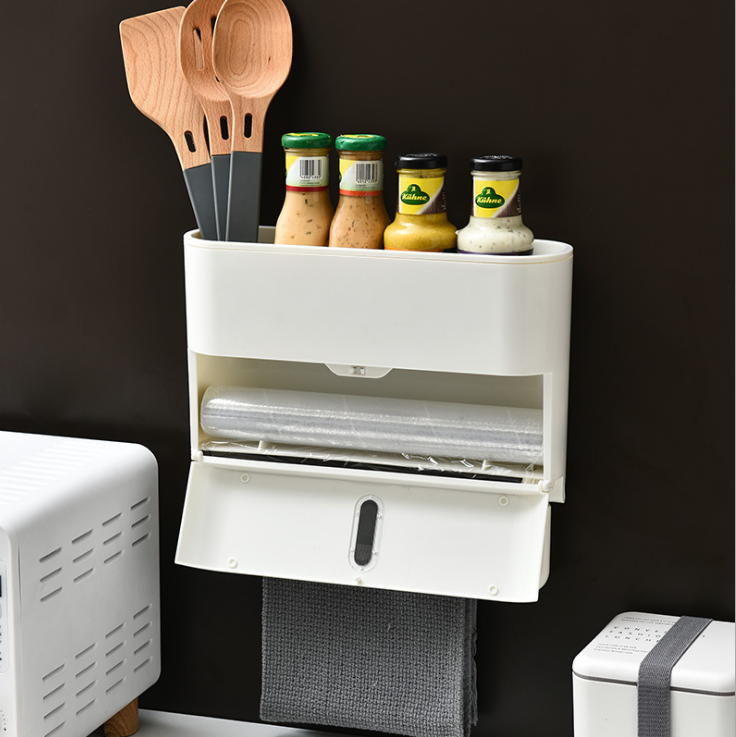 Cheap Wholesale Kitchen Plastic Wrap Roll Stand Hole-Free Kitchen Seasoning Supplies Storage Rack Nailless Tissue Rack
