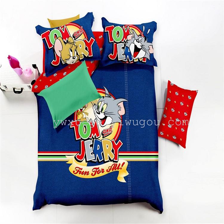 Snow pigeon hot-selling four-piece bedding set cotton active printing cute cartoon cat and mouse four set wholesale