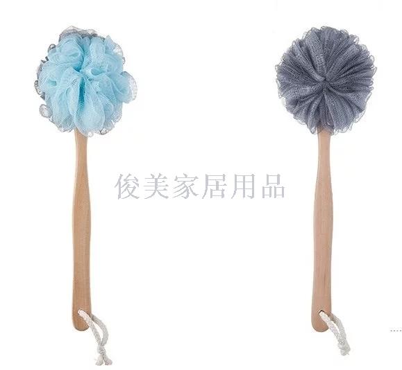 Super soft wooden handle bath flower, with handle rub back bath brush can hang large PE bath brush. Super soft wooden handle bath flower, with handle rub back bath brush can hang large PE bath brush.
