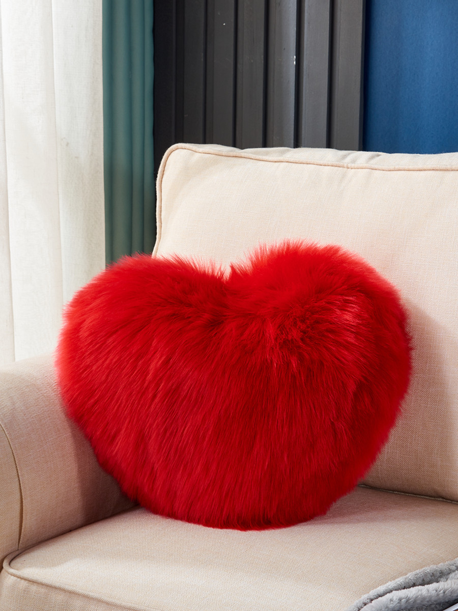 Cute Solid Color Wool-like Pillow Car Cushion Heart-Shaped Sofa Waist Pad Office Seat Plush Back Cushion