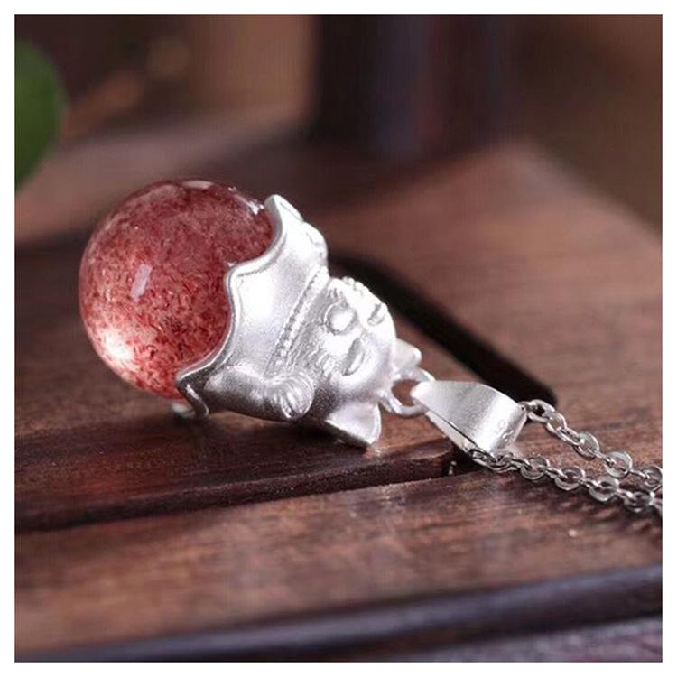 S925 sterling silver very lovely fortune cat strawberry crystal pendant fortune cat strawberry crystal necklace