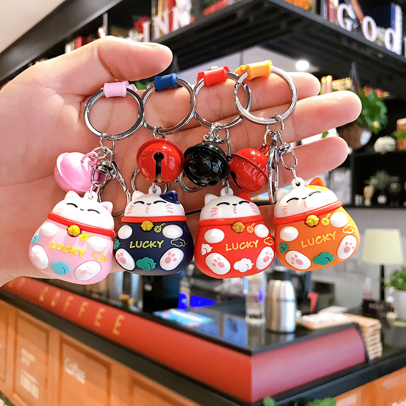Plastic Drop Fortune Cat Keychain PVC Cartoon Schoolbag Pendant Creative Small Gift Internet Hot Key Ring Customization
