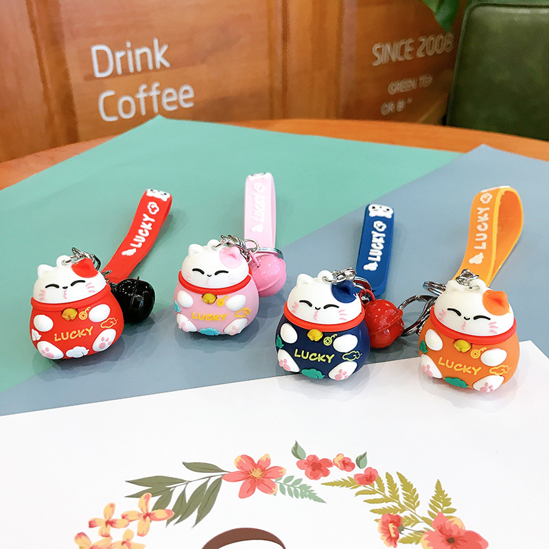 Plastic Drop Fortune Cat Keychain PVC Cartoon Schoolbag Pendant Creative Small Gift Internet Hot Key Ring Customization