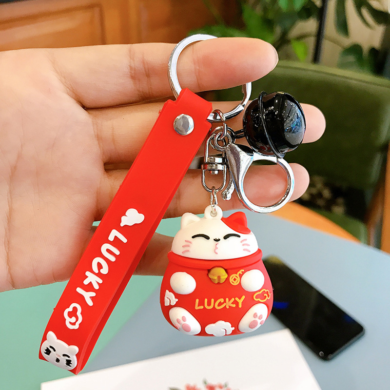 Plastic Drop Fortune Cat Keychain PVC Cartoon Schoolbag Pendant Creative Small Gift Internet Hot Key Ring Customization