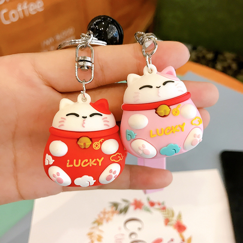 Plastic Drop Fortune Cat Keychain PVC Cartoon Schoolbag Pendant Creative Small Gift Internet Hot Key Ring Customization