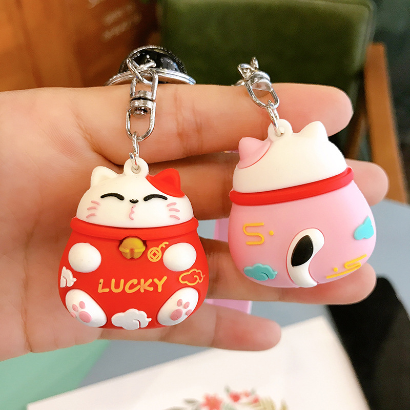 Plastic Drop Fortune Cat Keychain PVC Cartoon Schoolbag Pendant Creative Small Gift Internet Hot Key Ring Customization