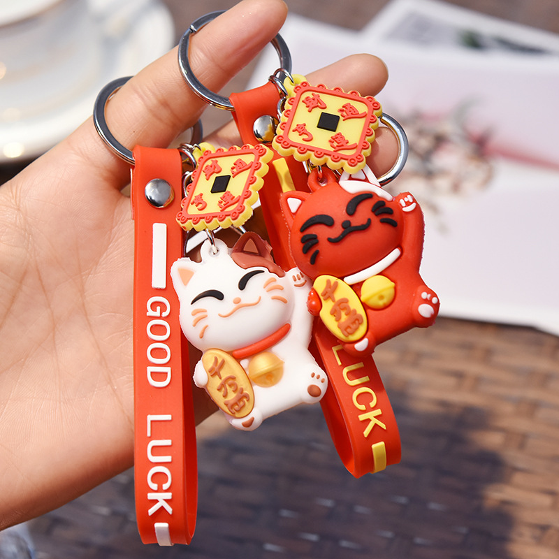 PVC Soft Rubber Fortune Cat Keychain Pendant Cars and Bags Key Ring Accessories Creative Activity Gifts Small Gifts