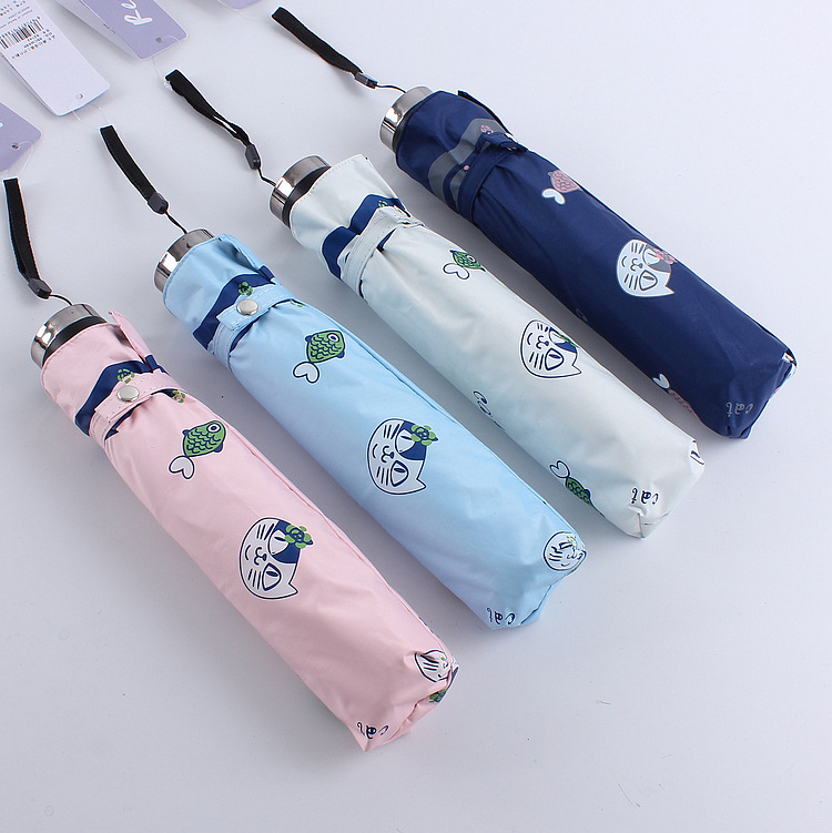 Fortune cat cartoon three fold eversion umbrella black oprene sun block folding sun umbrella shade umbrella