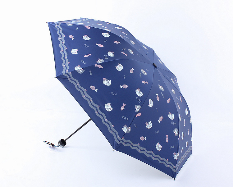Fortune cat cartoon three fold eversion umbrella black oprene sun block folding sun umbrella shade umbrella