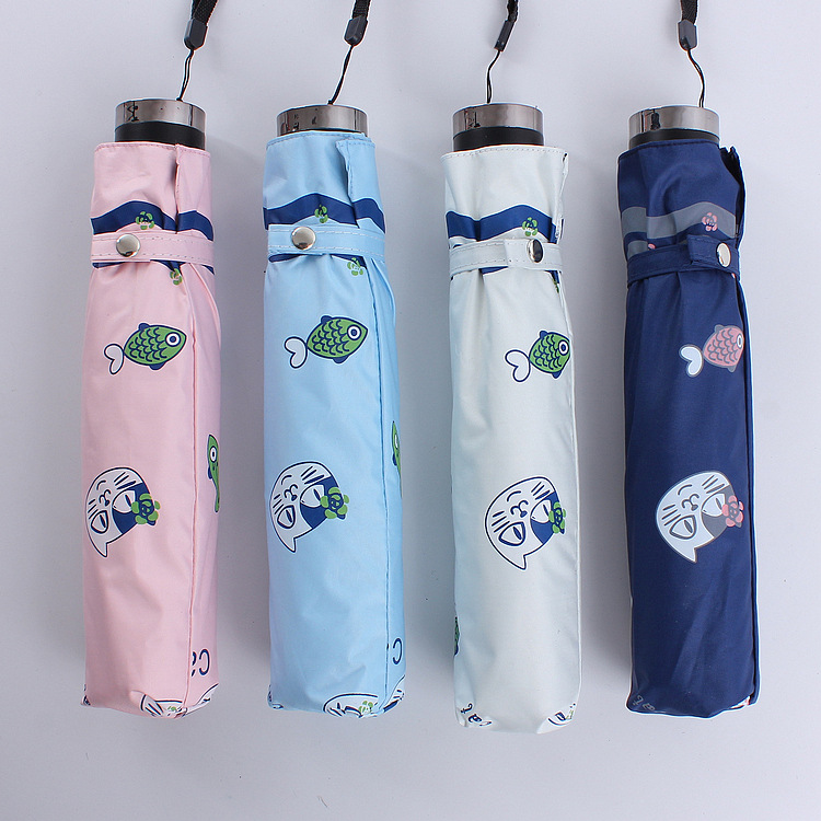 Fortune cat cartoon three fold eversion umbrella black oprene sun block folding sun umbrella shade umbrella