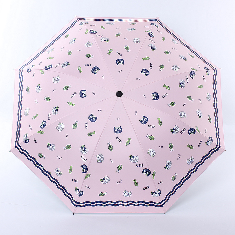 Fortune cat cartoon three fold eversion umbrella black oprene sun block folding sun umbrella shade umbrella