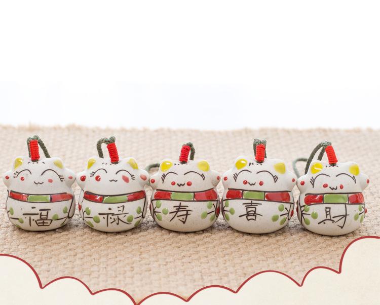 Japanese Style Fortune Cat Ceramic Wind Chimes Car Pendant Door Decoration Jingdezhen Ceramic Trinkets Factory Direct Sales Wholesale