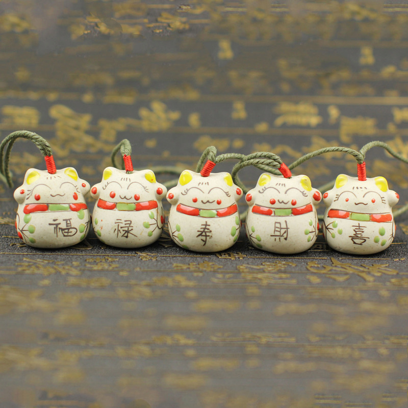 Japanese Style Fortune Cat Ceramic Wind Chimes Car Pendant Door Decoration Jingdezhen Ceramic Trinkets Factory Direct Sales Wholesale