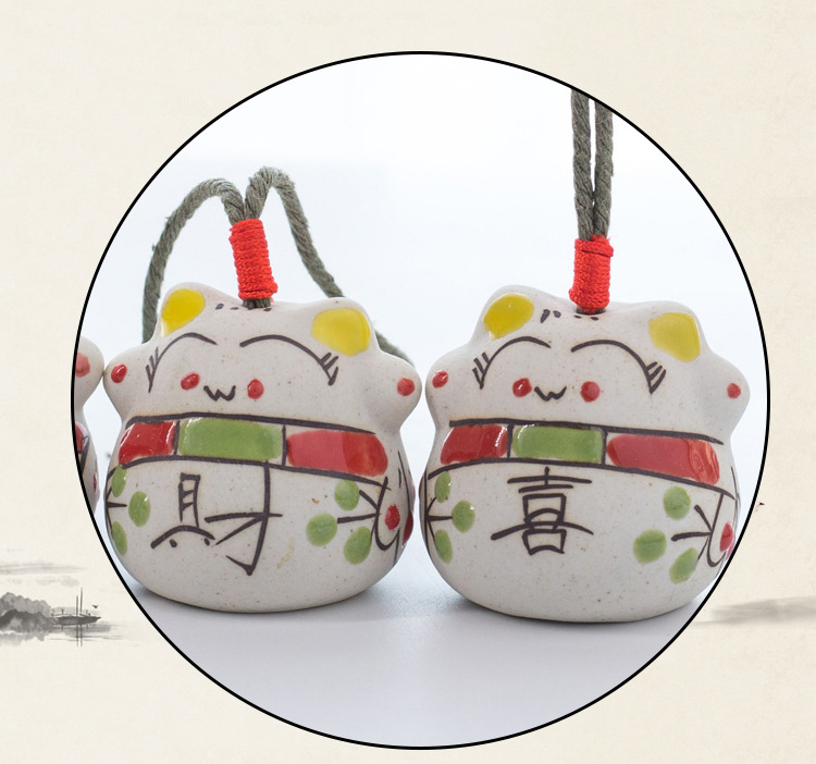 Japanese Style Fortune Cat Ceramic Wind Chimes Car Pendant Door Decoration Jingdezhen Ceramic Trinkets Factory Direct Sales Wholesale