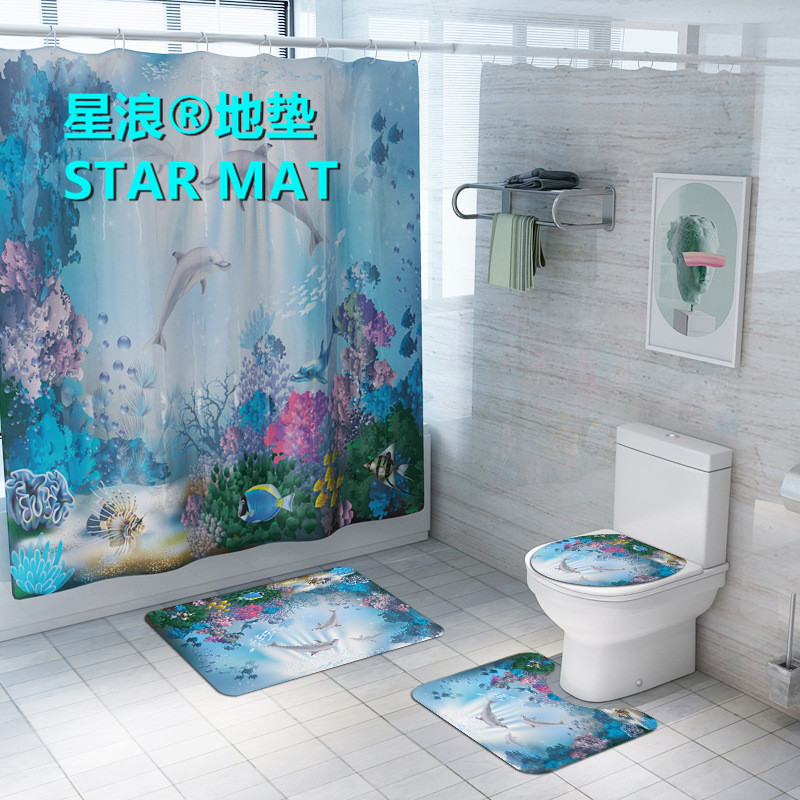 STAR MAT Ocean World Marine life four-piece bath curtain waterproof polyester fabric hotel bathroom curtain