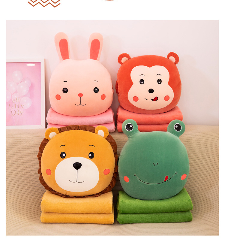 Forest Animal Plush Toy Hand Warmer Air Conditioning Blanket Three-in-One Rabbit Lion Frog Monkey Pillow Airable Cover