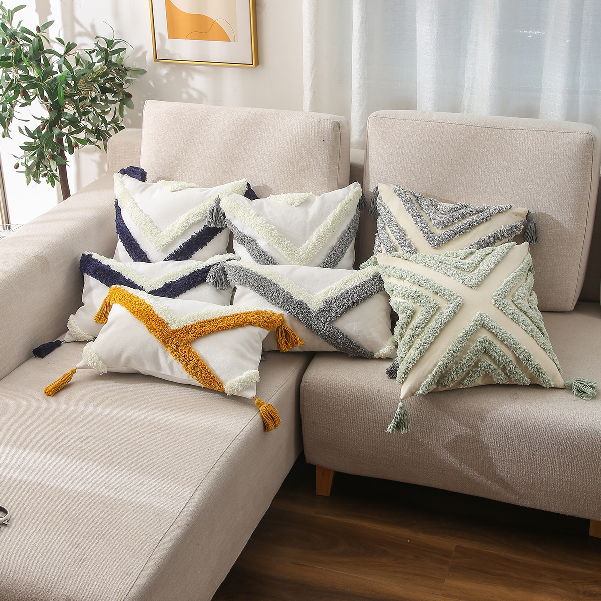 Exclusive for Cross-Border Tufted Pillow Cover Sofa Cushion Embroidery Processing Custom Pillow Drawing Proofing Processing Pillowcase