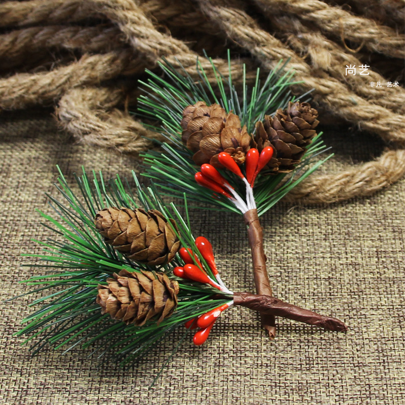 Pine Needle Mini Christmas Tree Accessories Gift Box Decoration Artificial Flower Christmas Decoration Small Plug-in Pine Cone Cross-Border
