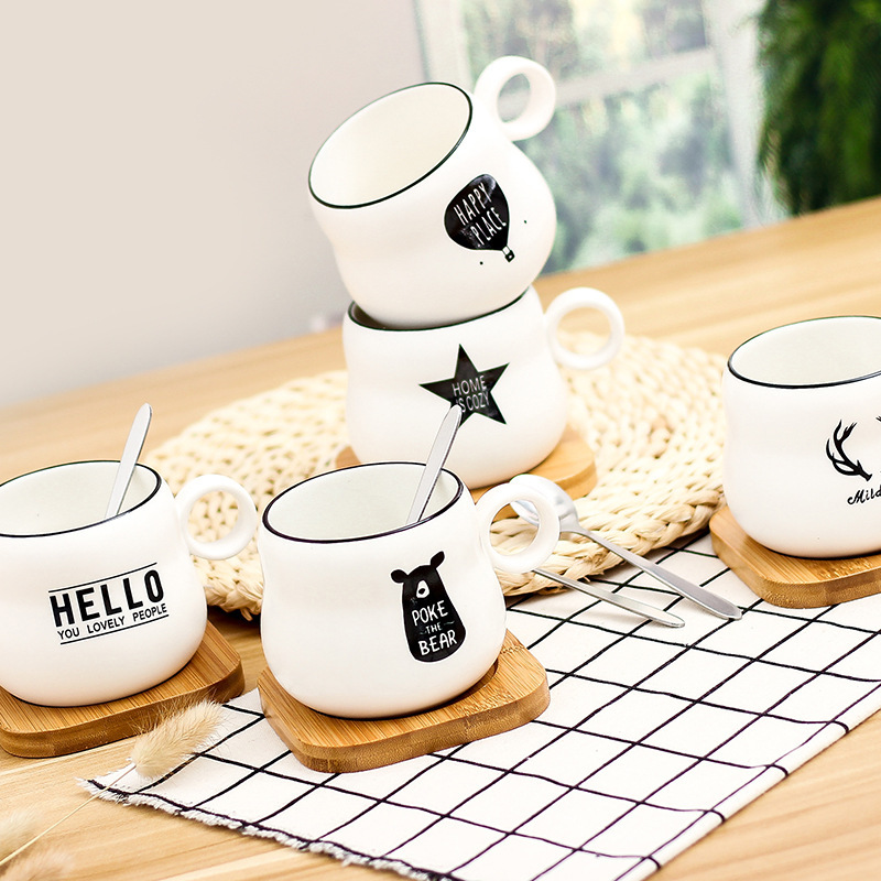 Korean-Style Simple Graffiti Cartoon Creative Ceramic Coffee Cup Bamboo Coaster with Spoon Matte Mug Custom Logo