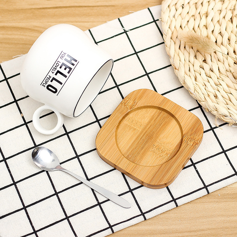 Korean-Style Simple Graffiti Cartoon Creative Ceramic Coffee Cup Bamboo Coaster with Spoon Matte Mug Custom Logo