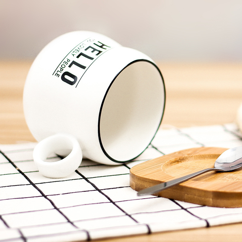 Korean-Style Simple Graffiti Cartoon Creative Ceramic Coffee Cup Bamboo Coaster with Spoon Matte Mug Custom Logo