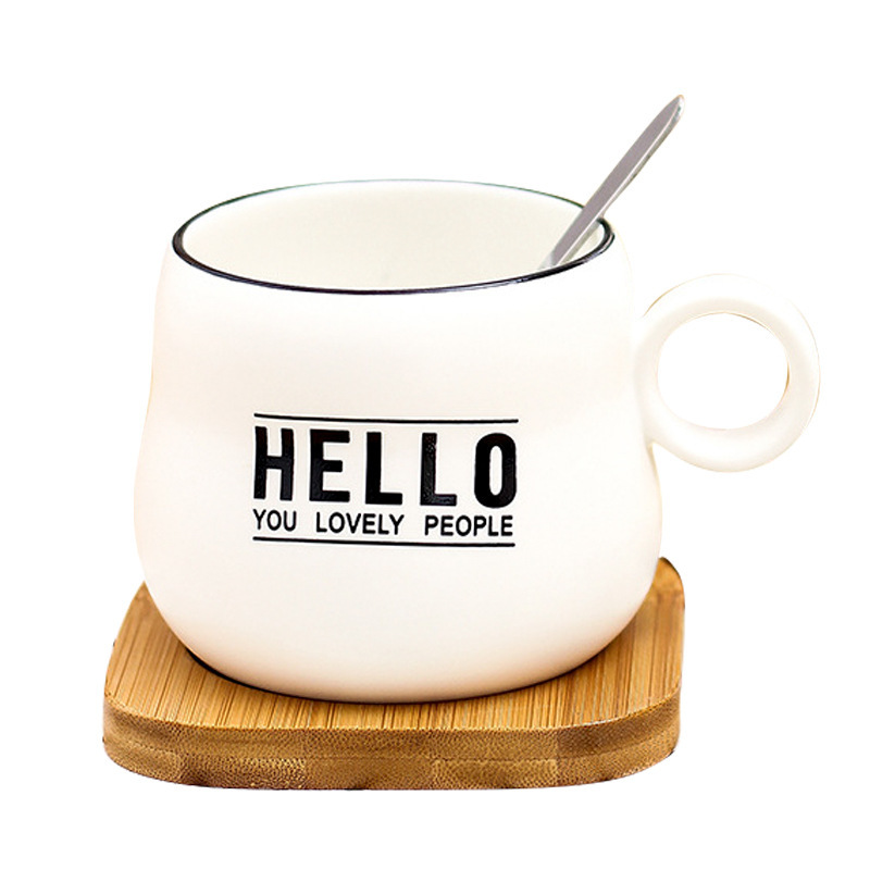 Korean-Style Simple Graffiti Cartoon Creative Ceramic Coffee Cup Bamboo Coaster with Spoon Matte Mug Custom Logo