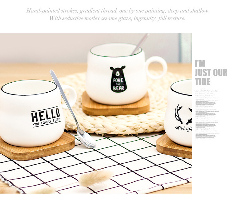 Korean-Style Simple Graffiti Cartoon Creative Ceramic Coffee Cup Bamboo Coaster with Spoon Matte Mug Custom Logo Korean-Style Simple Graffiti Cartoon Creative Ceramic Coffee Cup Bamboo Coaster with Spoon Matte Mug Custom Logo