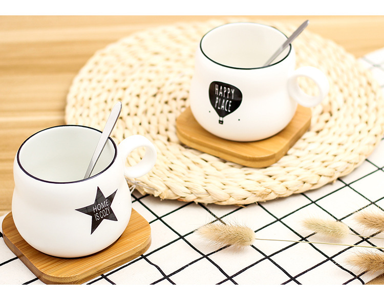 Korean-Style Simple Graffiti Cartoon Creative Ceramic Coffee Cup Bamboo Coaster with Spoon Matte Mug Custom Logo Korean-Style Simple Graffiti Cartoon Creative Ceramic Coffee Cup Bamboo Coaster with Spoon Matte Mug Custom Logo