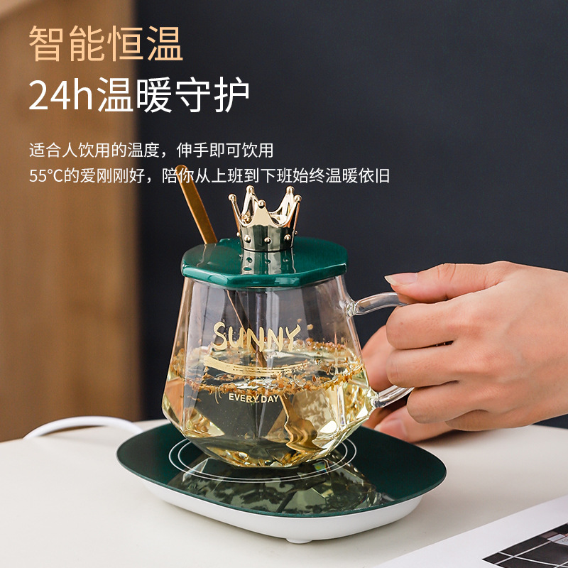 55 Degrees Thermal Cup Warm Cup Smart Insulation Cup Heating Coaster Set Crown Glass Thermal Cup Gift Set