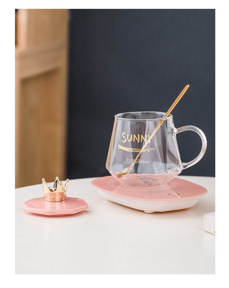 55 Degrees Thermal Cup Warm Cup Smart Insulation Cup Heating Coaster Set Crown Glass Thermal Cup Gift Set