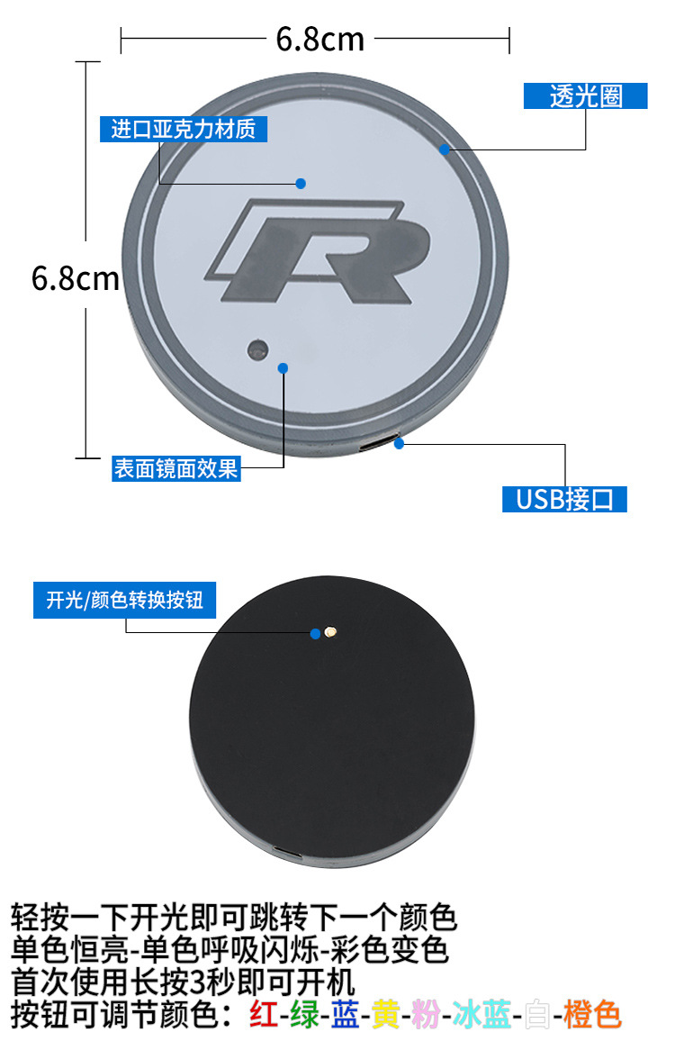 Car LED Light-Emitting Water Cup Mat Colorful Water Cup Mat Car Headlamp Solar USB Charging Non-Slip Coaster