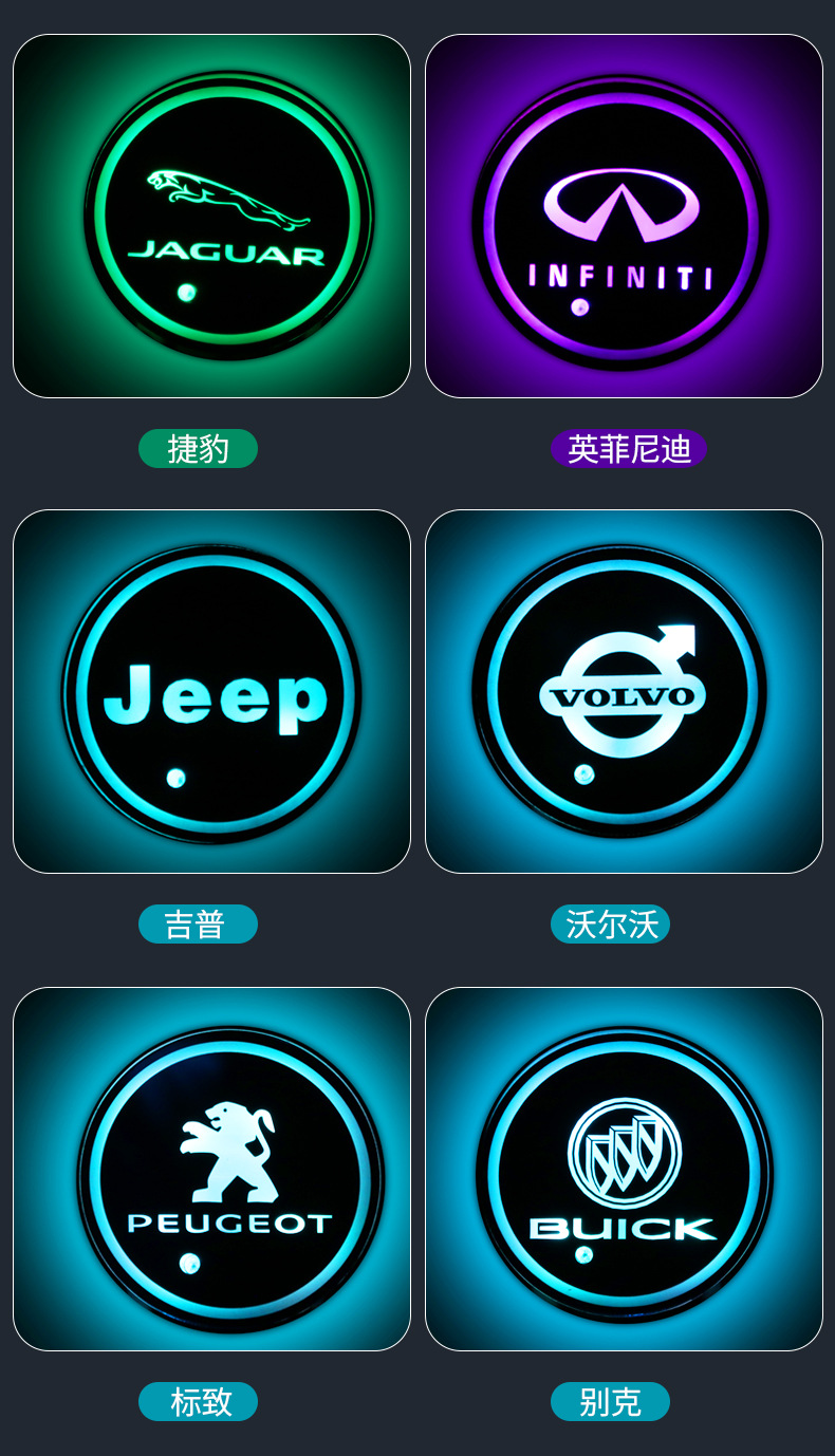 Car LED Luminous Water Cup Mat Colorful Water Cup Mat Car Headlamp Solar USB Charging Non-Slip Coaster