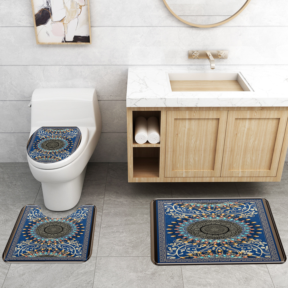 New Blue Color Colorful Beads Pattern Printing Shower Curtain Four-Piece Bathtub Non-Slip Mat Set Bath Mat 4sets