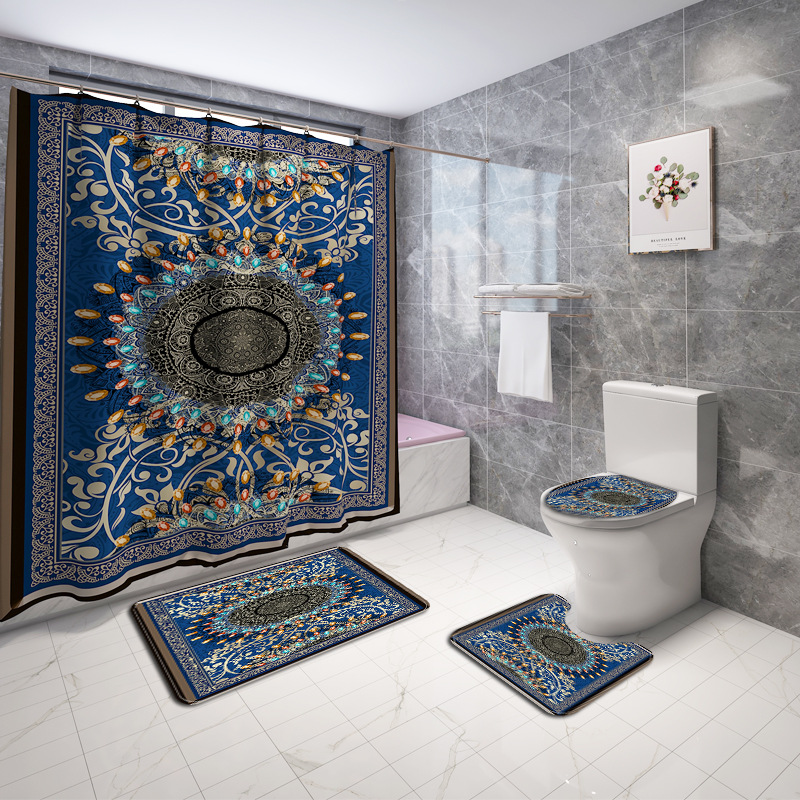New Blue Color Colorful Beads Pattern Printing Shower Curtain Four-Piece Bathtub Non-Slip Mat Set Bath Mat 4sets